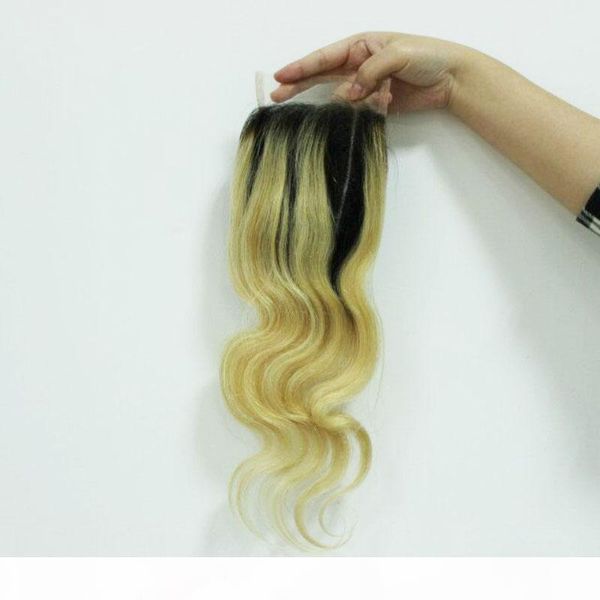 

4x4" ombre 613 peruvian body wave hair with closure three tone color middle part peruvian body wave human hair closure, Black;brown