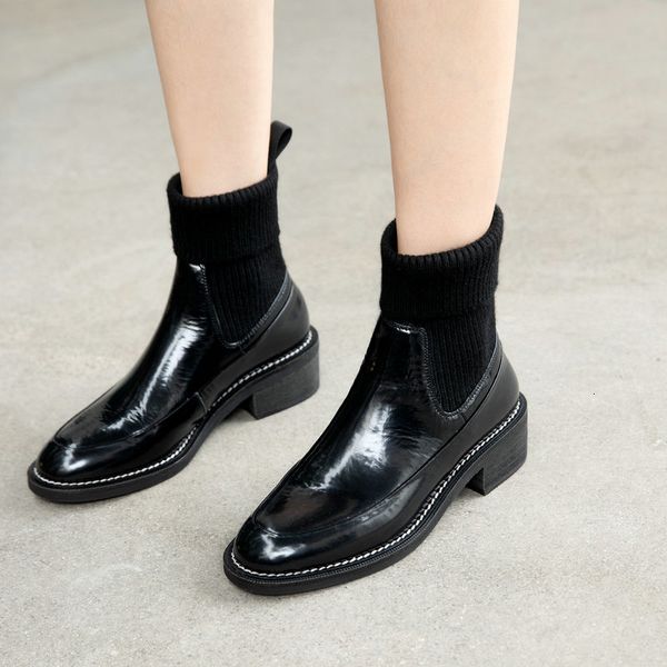 

2021 new genuine leather+elastic fabric women ankle boots fashion round toe thick heels winter casual party shoes woman lxw7, Black
