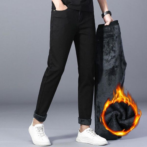 

men's jeans black winter warm slim fit italy eagle brand business trousers fashion thicken denim man fleece stretch pants, Blue