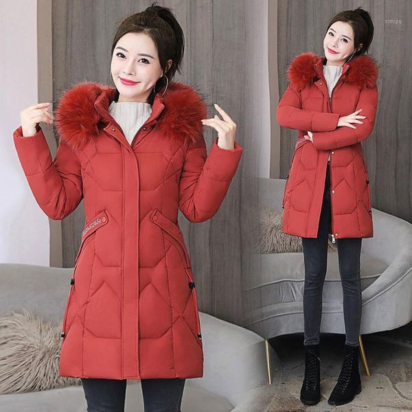 

2020 winter women jackets padded coats fur collar medium long hooded parkas feminina down cotton jacket plus size jacket 4xl 5861, Black