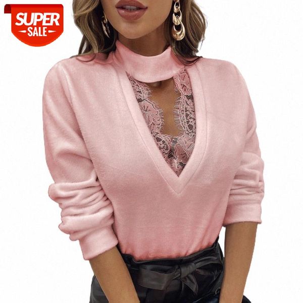 

women blouse and autumn spring hollow out v-neck lace shirts ladies fashion long sleeve female blusas ropa de mujer #im7a, White