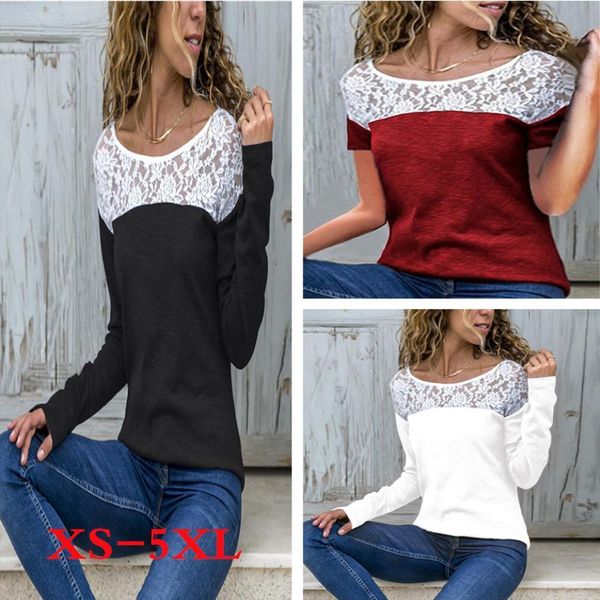 

2020 women's autumn long sleeve t-shirt stitching korean t-shirts female fashion loose lace t-shirt plus size xs-5xl, White