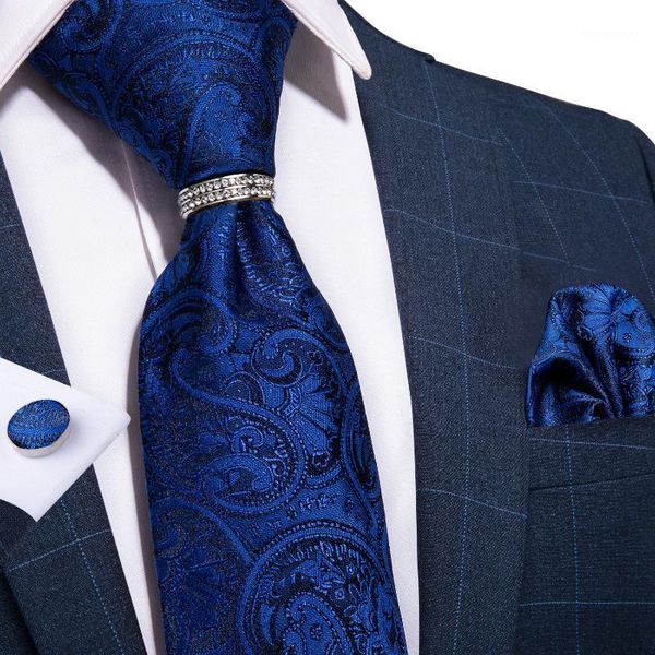 Papillon DiBanGu Design Cravatta da uomo Blu navy Paisley Cravatta da sposa in seta per uomo Anello Hanky Gemelli Set Business Party1