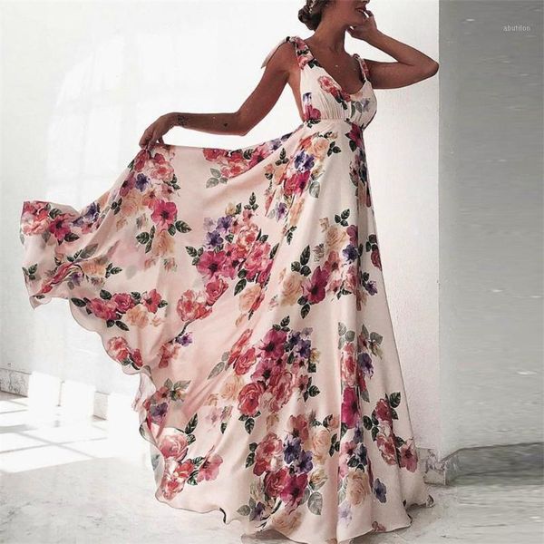 

casual dresses qnpqyx women summer floral prin dress sleeveless v-neck backless ladies long boho loose beach maxi vestidos1, Black;gray