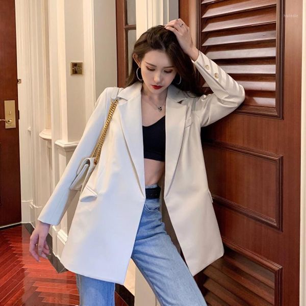 

ewq] 2020 new autumn ladies white suit fashion loose korean style drape mid-length blazer coat women ins trend qb8031, White;black