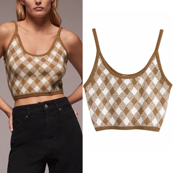 

2021 new vintage argyle cropped knitted sweater women autumn fashion strappy sleeveless pullover v neck vest h3yq, White;black
