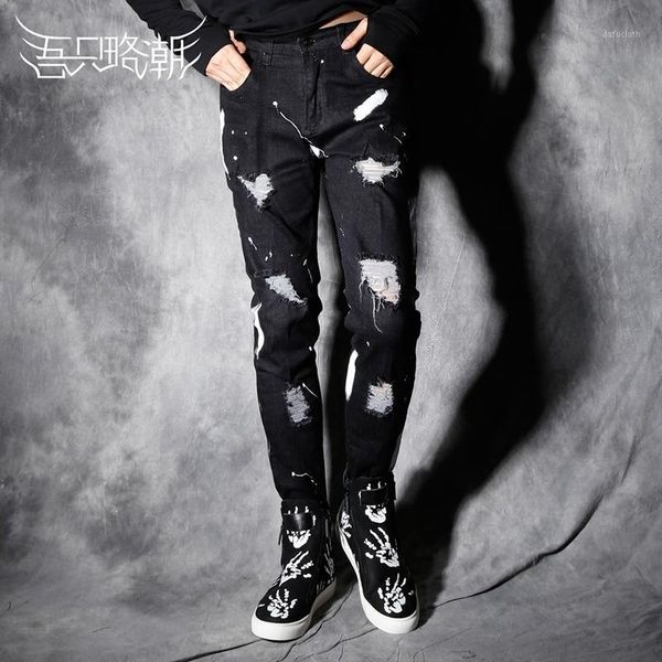 

2020 men's new autumn personality male slim hole beggar pants fashion male white casual jeans stage singer costumes clothing1, Blue