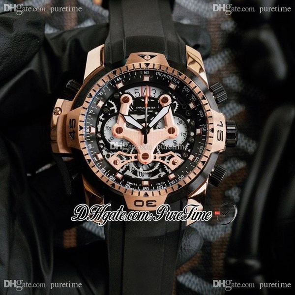 

2020 chronofighter two tone rose gold black inner skeleton dial japan quartz chronograph mens watch black rubber satch pureitme e02a1, Slivery;brown