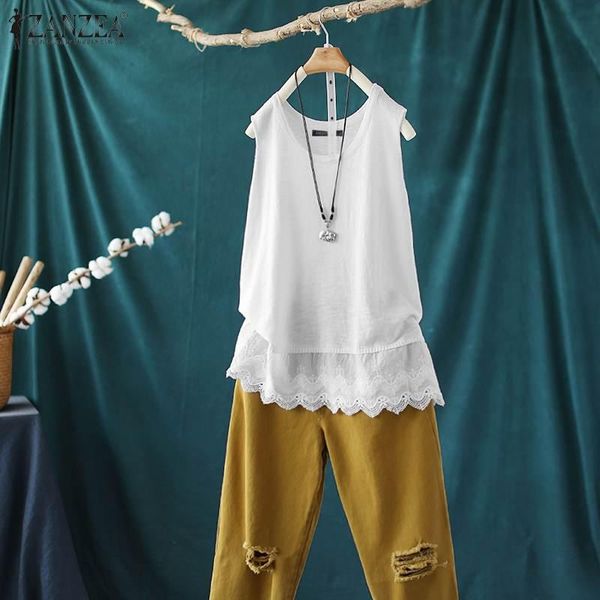 

women's blouses & shirts 2021 summer lace patchwork tank zanzea vintage sleeveless blouse women casual solid o neck party tunic female, White