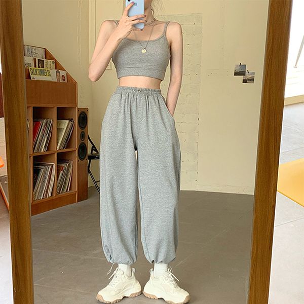

woman pants streetwear korean style loose joggers women sweatpants grey high waist comfort simple basic casual fashion trousers lj200814, Black;white