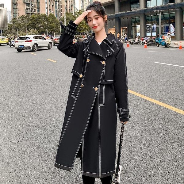 

chic women trench coat vintage black streetwear women's long outerwear loose windbreaker overcoat with belt femme1, Tan;black