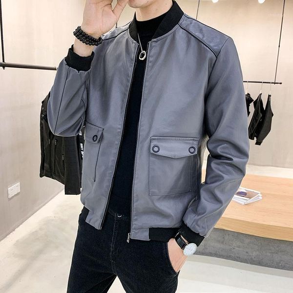 

autumn leather jacket men's slim fashion solid color casual motorcycle jackets mens streetwear wild hip-hop bomber jacket men1, Black