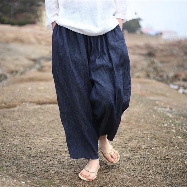 

johnature 2020 new women dark blue jeans mid elastic waist pants summer solid color loose vintage ankle-length pants, Black;white