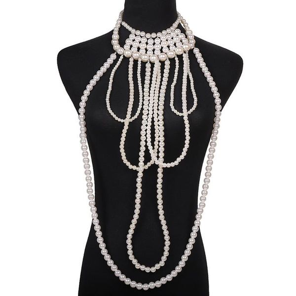 

chains multi-layer long pearl necklace for women choker jewelry female vest body chain birthday gift, Silver
