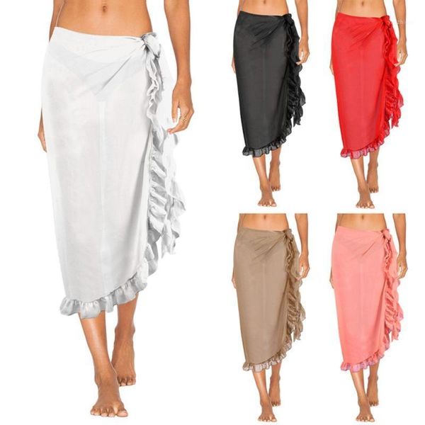 

women solid color beach long skirt ruffles sarong wrap bikini cover up swimsuit1, Black