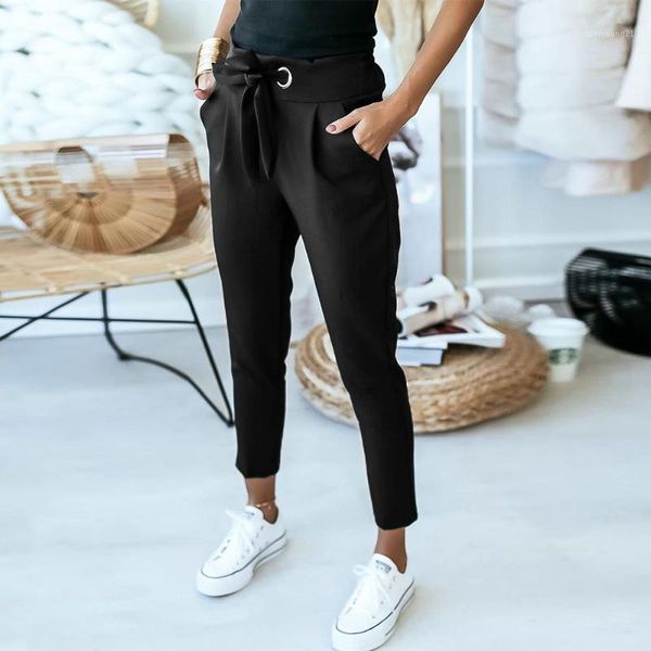 

women's pants & capris ladies high waist strap casual summer straight tie up closure pleated drawstring three quarter d301, Black;white
