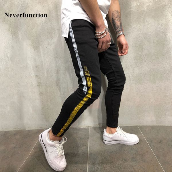 Homens New Hip Hop Ouro Revestimento Prata Impresso Corredores Denim Calças Moda Preto Homens Streetwear Stripe Stretch Skinny Lápis Jeans 201111