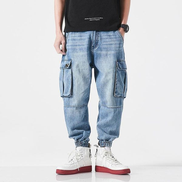 

fashion streetwear men jeans loose fit light blue big pocket denim cargo pants homme japanese vintage hip hop jeans men1