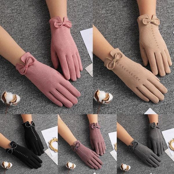 

women winter cute bowknot touch screen gloves outdoor driving windproof thicken plush lined leaves embroidery mittens, Blue;gray