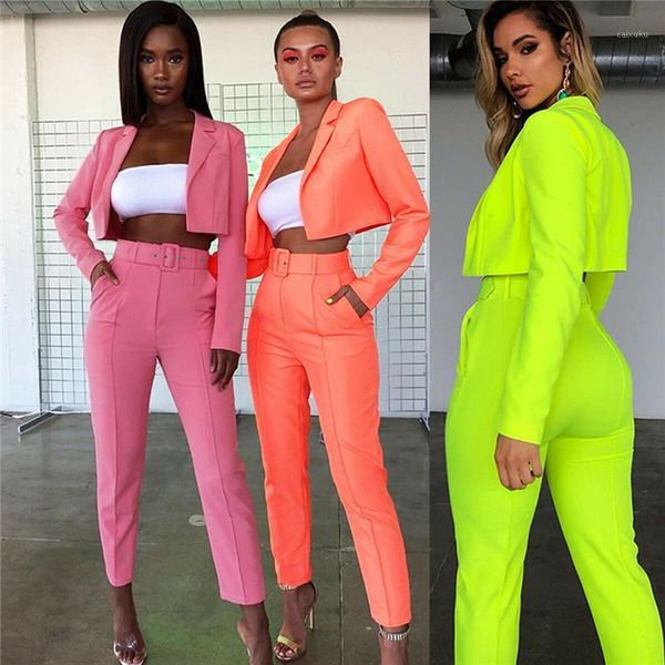 

2020 women two piece set spring autumn new fashion elegant lady slim open stitch jacket and pants woman 2 pieces blazers set1, White