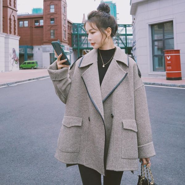 

women's wool & blends fall winter women elegant korean plus size short woolen coat double beasted vintage loose casual ladies suit jack, Black
