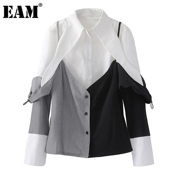 

eam] women contrast color shoulder strap blouse new lapel long sleeve loose fit shirt fashion spring autumn 2020 1dd1799, White