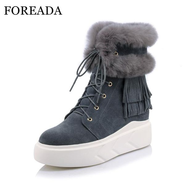 

foreada winter boots genuine leather ankle boots fringe platform wedge snow lace up cow suede fur shoes gray black