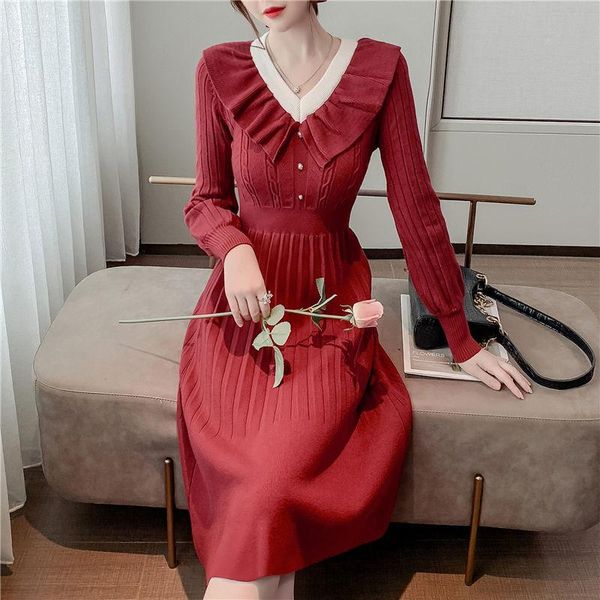 

casual dresses 2021 women autumn winter vintage sweater dress lady loose v-neck slim knitted female ruffles button mid-long vestido g65, Black;gray