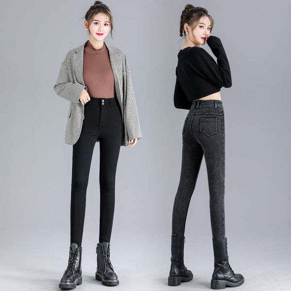 

black waisted jeans women plush autumn winter 2020 new and high slim elastic tight legged pants, Blue