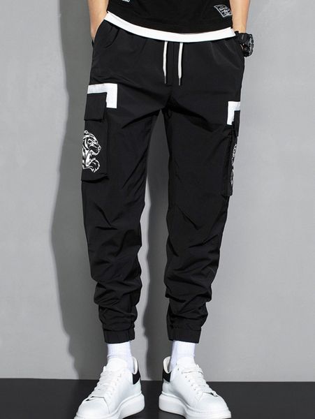 

men tiger print drawstring flap pocket cargo pants g4ww#, Black