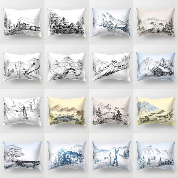 

new chinese art sketch landscape landscape fluffy pillow case sofa home polyester rectangular cushion cover suite decoration