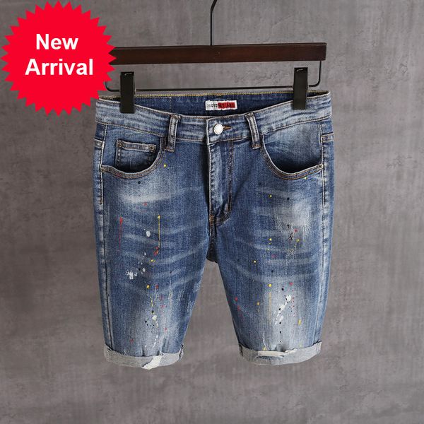 

2021 new new fashions will see breech pants blue fit straight designer paint torn short hip men's jeans hombre shorts wfb6