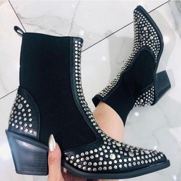 

boots women ankle mid heels shoes woman booties pu leather pointed toe matin shoe chaussures femme zapatos mujer sapato d2384, Black