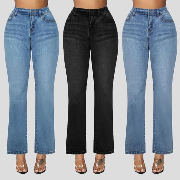 

fashion flare pants women solid jeans button pocket high waist denim pants casual trousers classic jeans streetwear femme, Blue