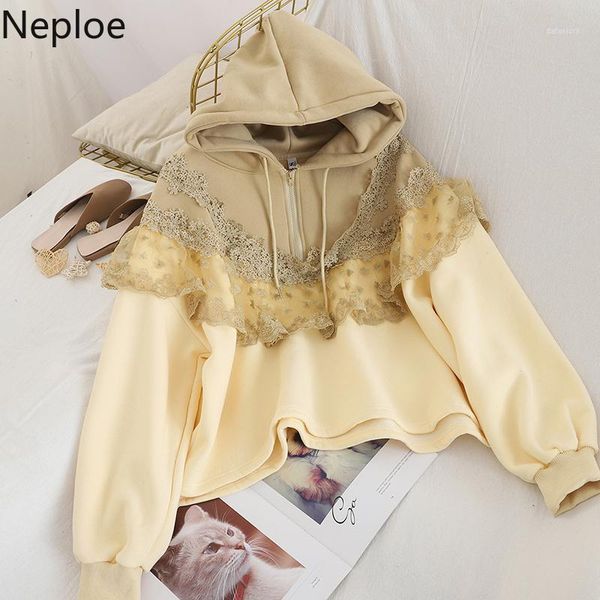 

neploe fashion lace patchwork hooded pullover zipper design appliques thick sweatshirt autumn spring casual loose wild 482531, Black