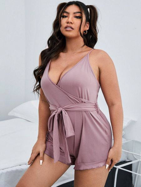 

plus ruffle trim belted sleep cami romper t7na#, Black;white