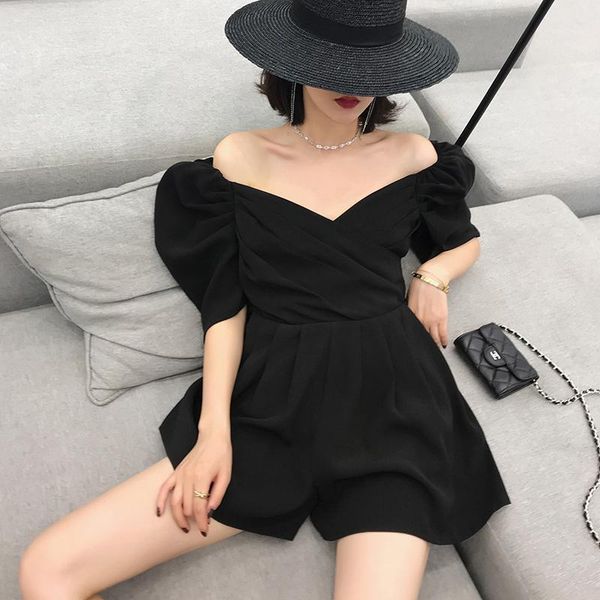 

slash neck strapless playsuits 2020 summer short sleeve rompers korean solid high waist wide leg jumpsuits1, Black;white