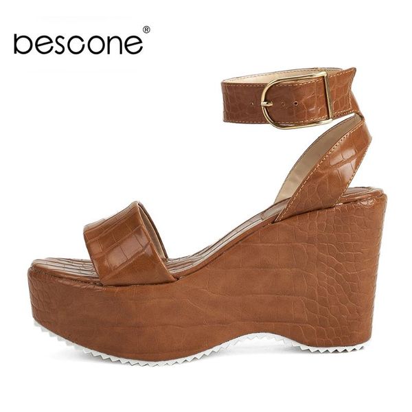 

sandals bescone fashion women wedge thick platform bottom ankle strap shoes crocodile pattern bm585, Black