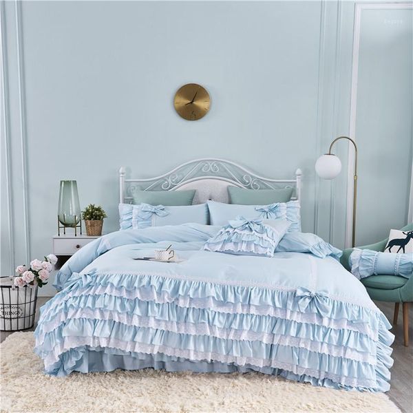 

korean pastoral skirt-style cake layers blue cotton bedding set princess lace ruffles embroidery pillow sham duvet cover set1