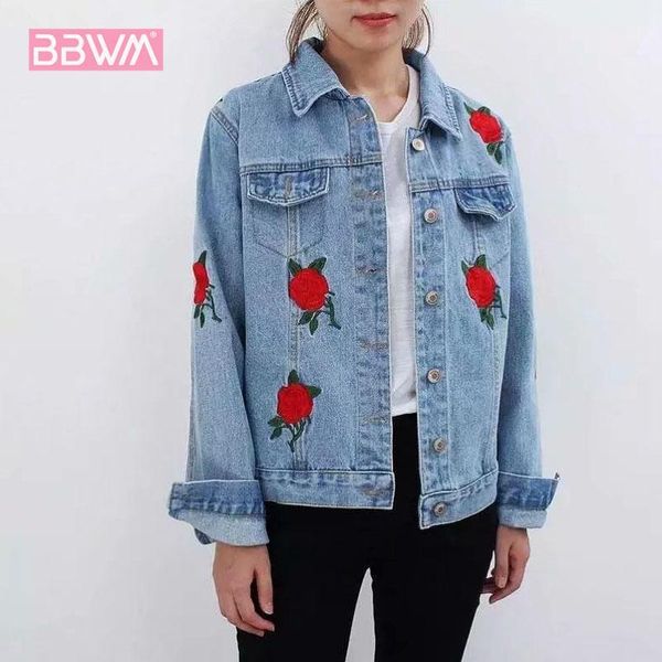 

women's jackets 2021 autumn women's korean version of the rose flower embroidery wild denim jacket short long-sleeved coat1, Black;brown