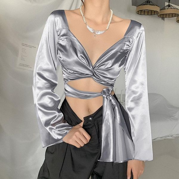 

women's t-shirt long sleeve short deep v-neck solid color casual autumn winter, White