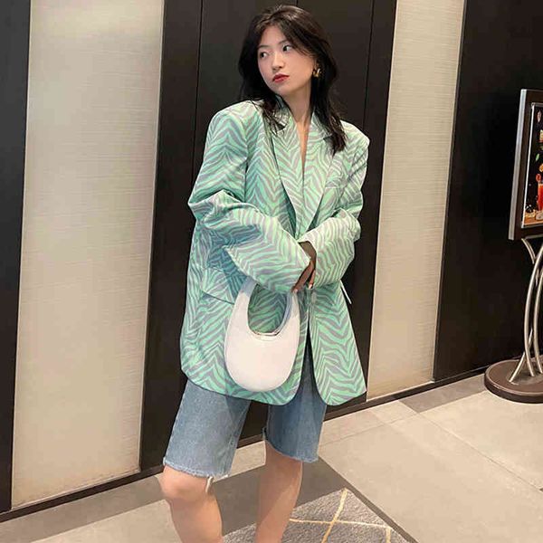 

women's suits & blazers [eam] women green zebra pattern big size blazer lapel long sleeve loose fit jacket fashion spring autumn 2022 1, White;black