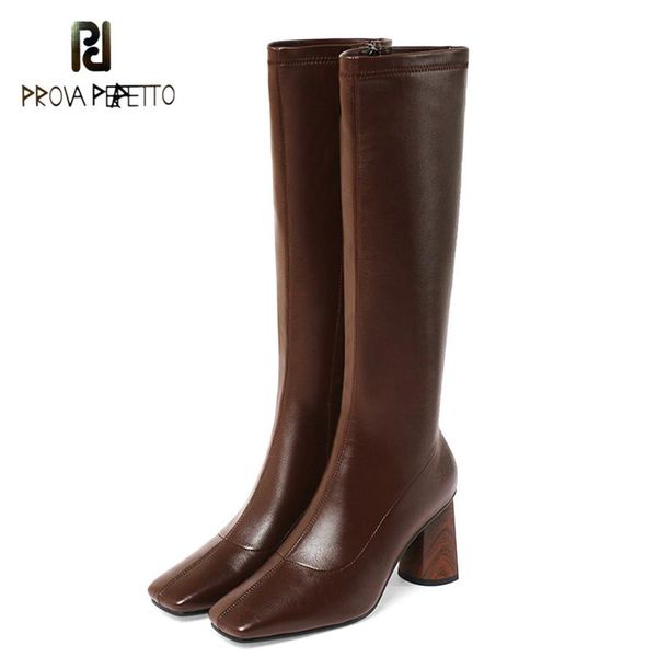 

elegant square toe autumn winter new stretch high-tube knight boots women's fashion knee-high wood grain thick high-heeled boots, Black