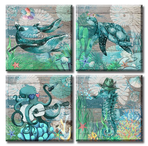 

animal world wall art dinosaurturtle seahorse whale ocs crab marine pictures canvas painting for living room bathroom decor 12x12inchx4