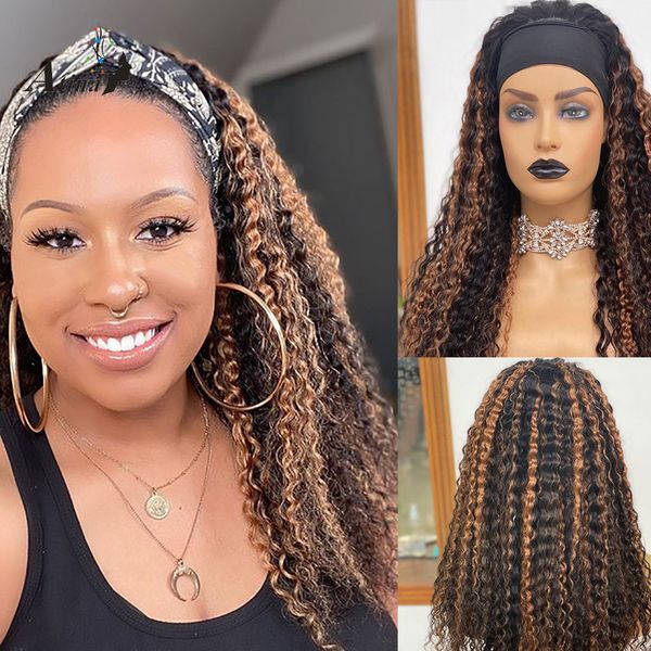

ombre highlight colored headband wig curly human hair wig brown honey blonde wig remy glueless beginne friendly 150 density, Black;brown