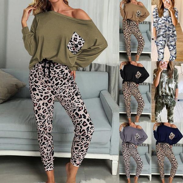 

women's hoodies & sweatshirts women fashion homewear set long sleeve leopard printed elastic drawstring sweatpants sets with pockets pr, Black