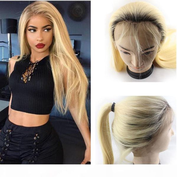 

brazilian ombre blonde glueless full lace human hair wigs pre plucked straight 1b 613# honey blonde lace front wigs with baby hair around, Black;brown