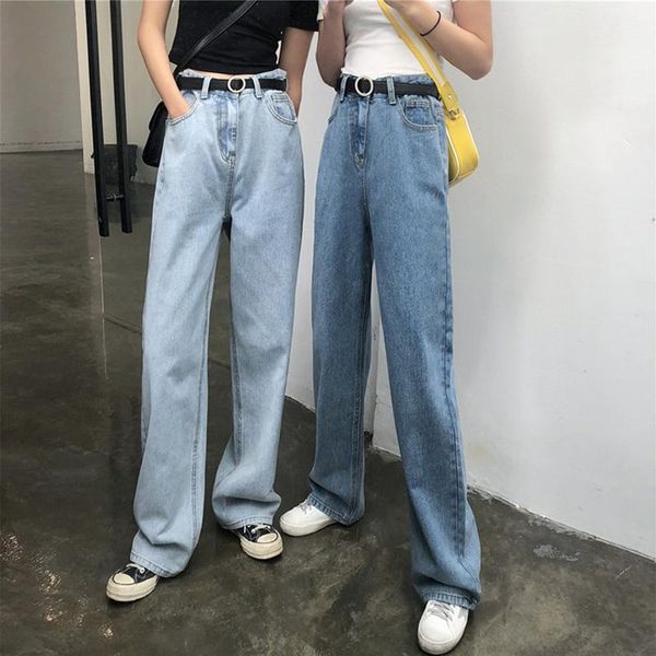 

women's summer autumn new high waist wide leg pants denim trousers loose casual straight pants women's men and women trousers1, Blue