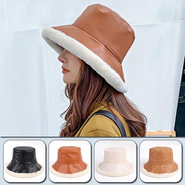 

wide brim hats fashion 2021 winter black pu leather bucket hat women faux fur bob chapeau femme thick warm hip hop fisherman basin cap, Blue;gray