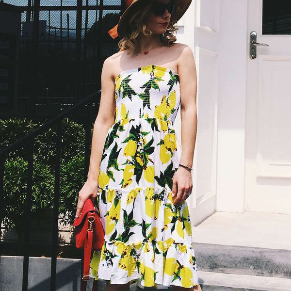 

wrap chest off shoulder lemon print women's summer vacation beach dress, Black;gray